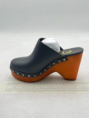 FYS Black Round Toe Slip on Mules Rivet Studded High Heel Wedges Dressy Shoes